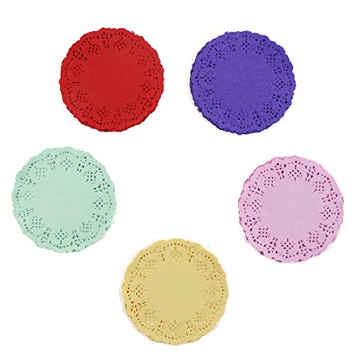 100 Pieces Assorted Colors Floral Round Paper Doilies for Cakes Desserts Baked Treat Display Ideal for Weddings Formal Event Decoration Tableware Decor Placemats 45 Inches in Diameter