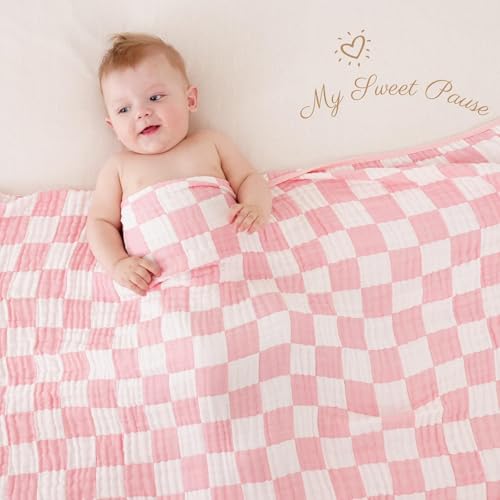 HardNok Ultra-Soft Muslin Baby Blanket - Swaddle & Crib for Girls, Pink Checkered (1-Pack) - Image 2