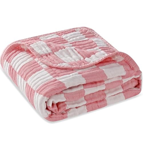 HardNok Ultra-Soft Muslin Baby Blanket - Swaddle & Crib for Girls, Pink Checkered (1-Pack) - Image 1