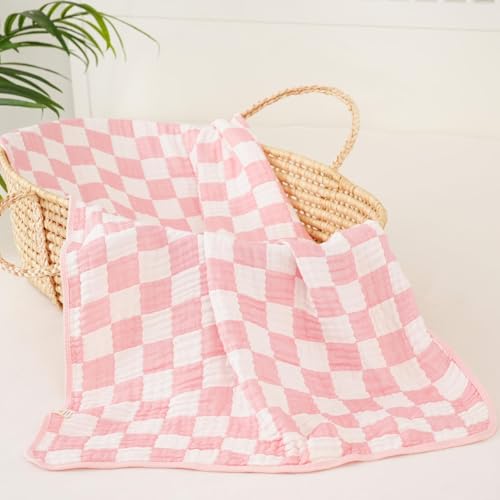 HardNok Ultra-Soft Muslin Baby Blanket - Swaddle & Crib for Girls, Pink Checkered (1-Pack) - Image 5
