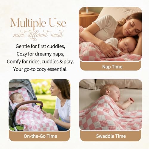 HardNok Ultra-Soft Muslin Baby Blanket - Swaddle & Crib for Girls, Pink Checkered (1-Pack) - Image 4