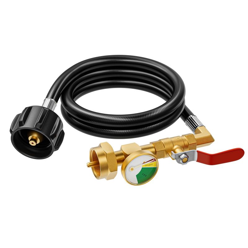 Rushare New Updated Propane Refill Adapter 20lb to 1lb Camping with Gauge, 3FT Propane Filler Adapter Hose with ON/Off Control Valve for Refillable Propane 1lb Cylinder - Image 1