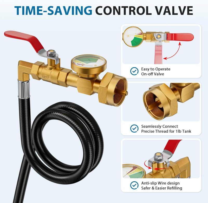 Rushare New Updated Propane Refill Adapter 20lb to 1lb Camping with Gauge, 3FT Propane Filler Adapter Hose with ON/Off Control Valve for Refillable Propane 1lb Cylinder - Image 5