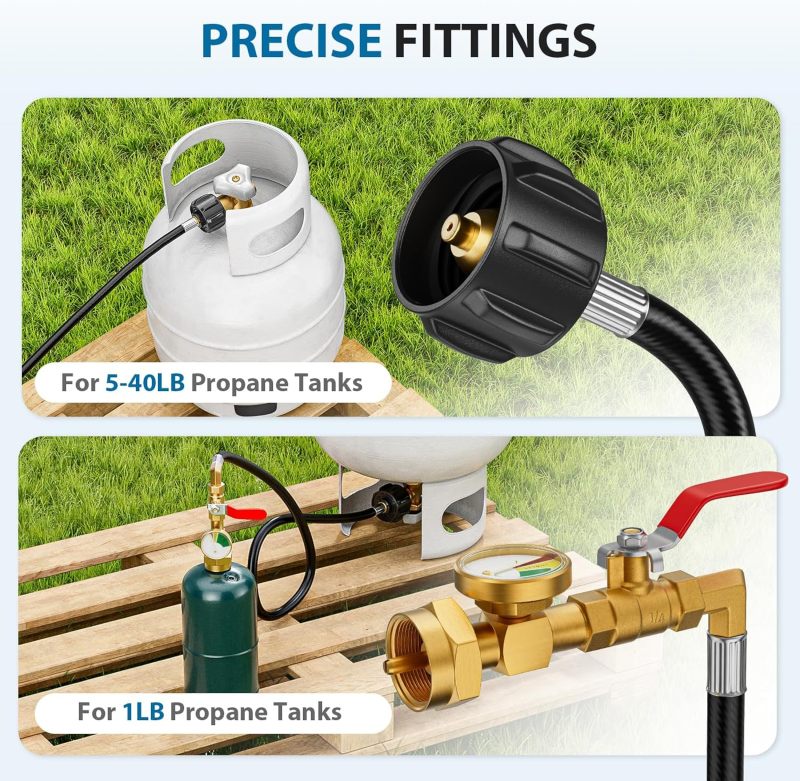 Rushare New Updated Propane Refill Adapter 20lb to 1lb Camping with Gauge, 3FT Propane Filler Adapter Hose with ON/Off Control Valve for Refillable Propane 1lb Cylinder - Image 3