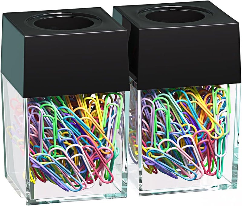 grwanpen ® 2 Magnetic Paper Clip Dispenser Boxes with 100 Multicolored Paper Clips Each,Black - Image 1