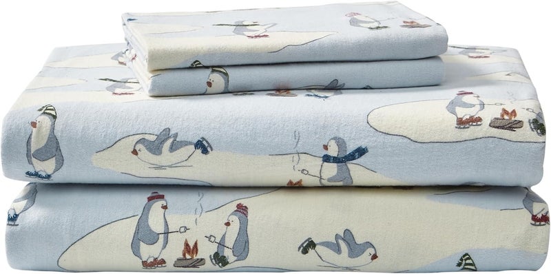 Eddie Bauer - Twin Sheets, Cotton Flannel Bedding Set, Brushed for Extra Softness, Cozy Home Decor (Skating Penguin, Twin) - Image 1
