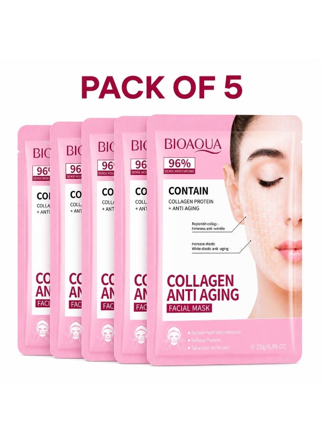 BIOAQUA Collagen Anti Aging Facial Sheet Mask for Firmness, Elasticity, Dry Dull Skin & Wrinkle Repair | Plumping Moisturizing Formula | Daily Skincare All Skin Types | Pack of 5 | 25g Each - Image 1