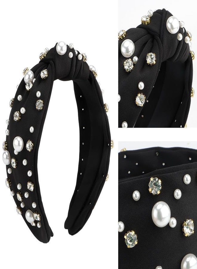 FASOTY Pearl Knotted Headband Women Rhinestone Embellished Elegant Wide Top Knot Hairband Jeweled Beaded Crystal Diamond Sparkly Fashion Hair Accessories Black Headband - Image 4