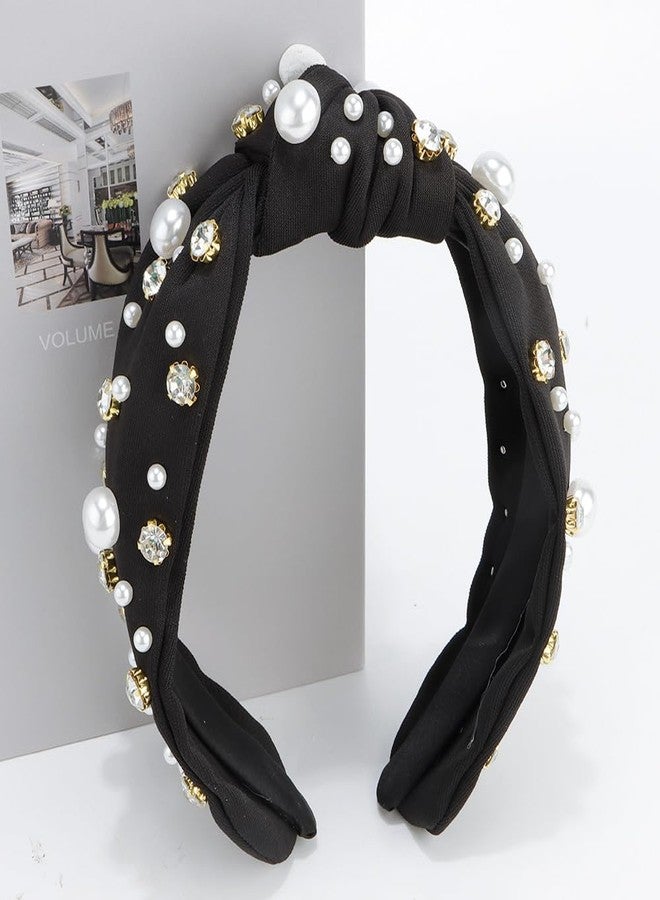 FASOTY Pearl Knotted Headband Women Rhinestone Embellished Elegant Wide Top Knot Hairband Jeweled Beaded Crystal Diamond Sparkly Fashion Hair Accessories Black Headband - Image 3