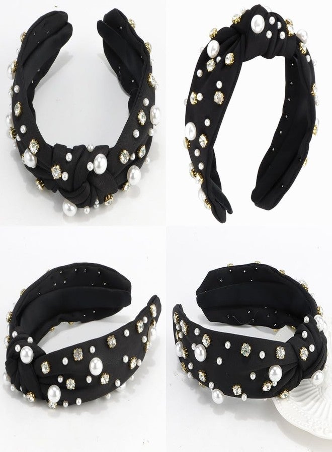 FASOTY Pearl Knotted Headband Women Rhinestone Embellished Elegant Wide Top Knot Hairband Jeweled Beaded Crystal Diamond Sparkly Fashion Hair Accessories Black Headband - Image 5