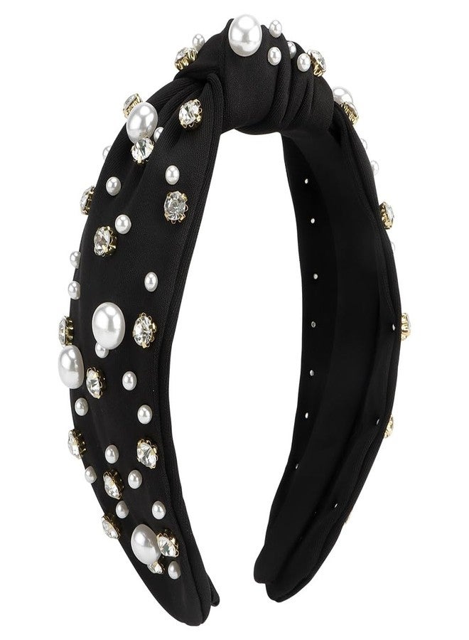 FASOTY Pearl Knotted Headband Women Rhinestone Embellished Elegant Wide Top Knot Hairband Jeweled Beaded Crystal Diamond Sparkly Fashion Hair Accessories Black Headband - Image 1