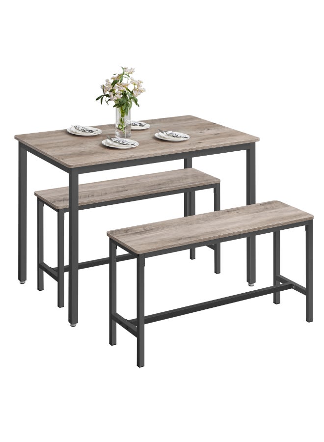 VASAGLE Dining Table with 2 Benches, 3 Piece Set, Kitchen Table of 70 x 110 x 75 cm, 2 Benches of 30 x 97 x 50 cm Each, Steel Frame, Heather Greige and Ink Black - Image 1