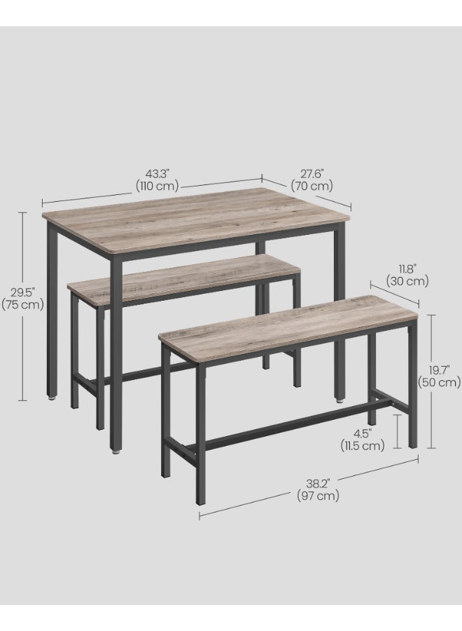 VASAGLE Dining Table with 2 Benches, 3 Piece Set, Kitchen Table of 70 x 110 x 75 cm, 2 Benches of 30 x 97 x 50 cm Each, Steel Frame, Heather Greige and Ink Black - Image 4
