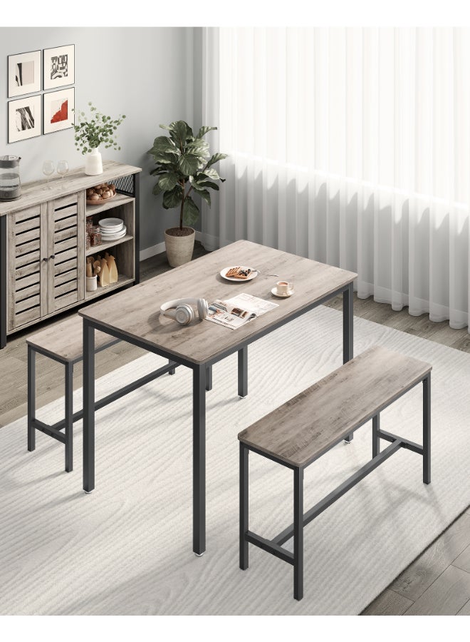 VASAGLE Dining Table with 2 Benches, 3 Piece Set, Kitchen Table of 70 x 110 x 75 cm, 2 Benches of 30 x 97 x 50 cm Each, Steel Frame, Heather Greige and Ink Black - Image 3