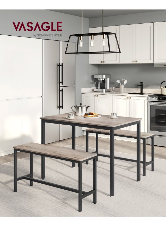 VASAGLE Dining Table with 2 Benches, 3 Piece Set, Kitchen Table of 70 x 110 x 75 cm, 2 Benches of 30 x 97 x 50 cm Each, Steel Frame, Heather Greige and Ink Black - Image 2