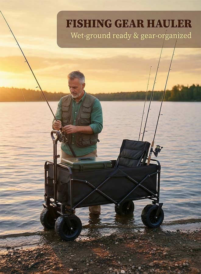 Beauenty Folding Wagon Garden Cart Folding Trolley Cart Outdoor Wagon Collapsible With Removable Fabric Festival Garden Camping Picnic Cart Supports Max 200kg Capacity Transport Trailer（8-Inch Wheel -Black） - Image 4