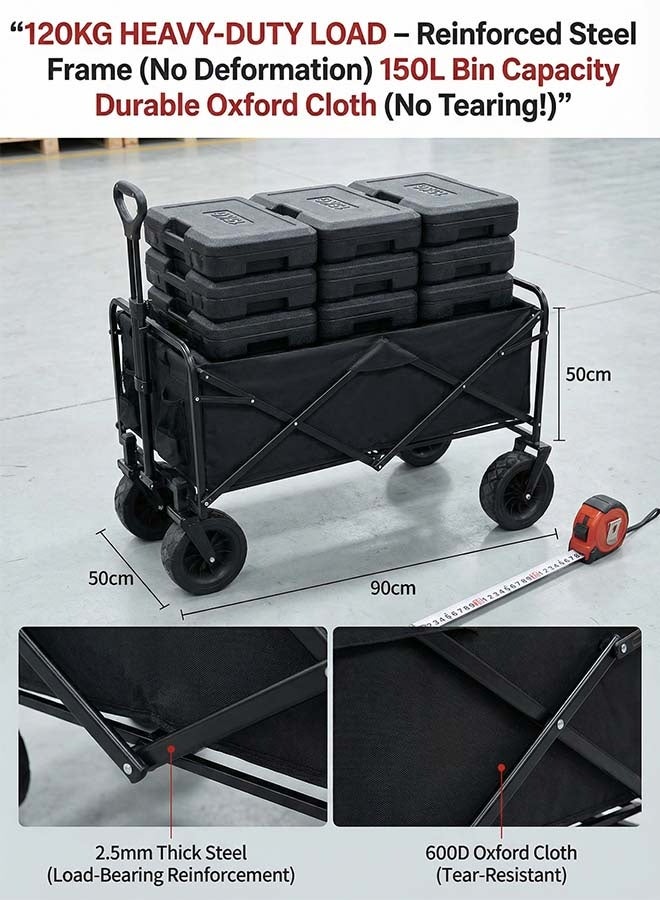 Beauenty Folding Wagon Garden Cart Folding Trolley Cart Outdoor Wagon Collapsible With Removable Fabric Festival Garden Camping Picnic Cart Supports Max 200kg Capacity Transport Trailer（8-Inch Wheel -Black） - Image 3