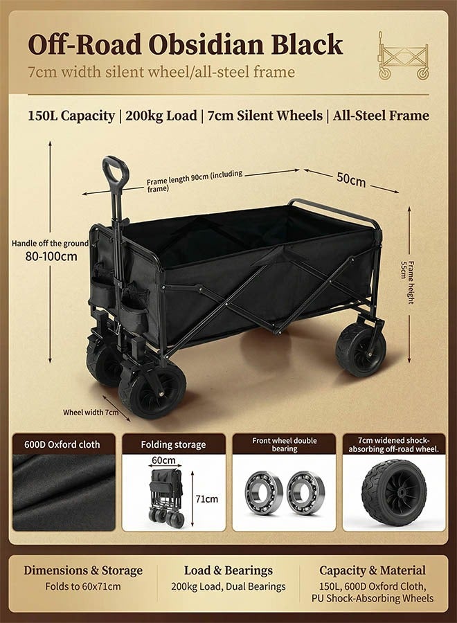 Beauenty Folding Wagon Garden Cart Folding Trolley Cart Outdoor Wagon Collapsible With Removable Fabric Festival Garden Camping Picnic Cart Supports Max 200kg Capacity Transport Trailer（8-Inch Wheel -Black） - Image 2
