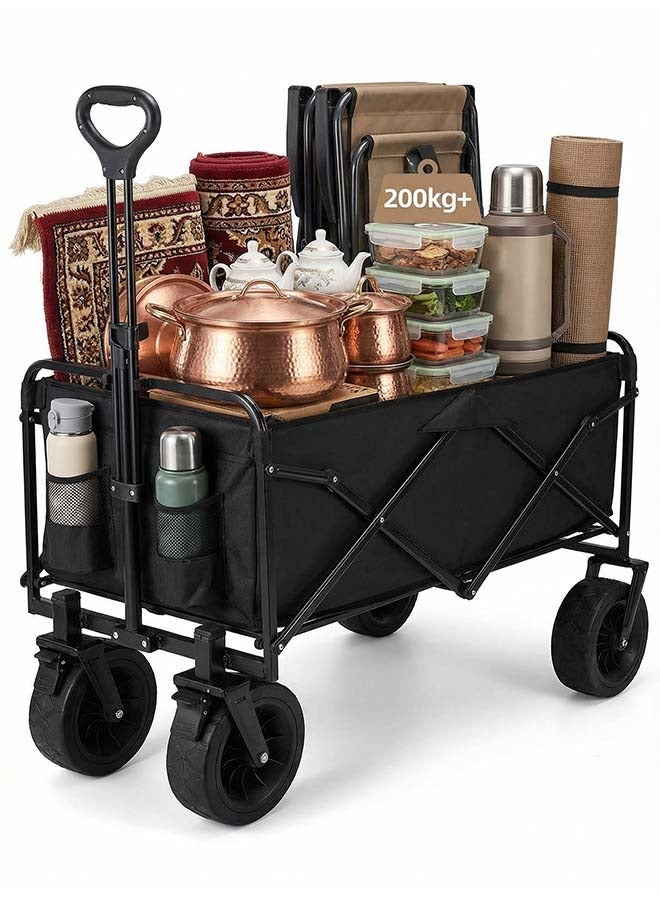 Beauenty Folding Wagon Garden Cart Folding Trolley Cart Outdoor Wagon Collapsible With Removable Fabric Festival Garden Camping Picnic Cart Supports Max 200kg Capacity Transport Trailer（8-Inch Wheel -Black） - Image 1