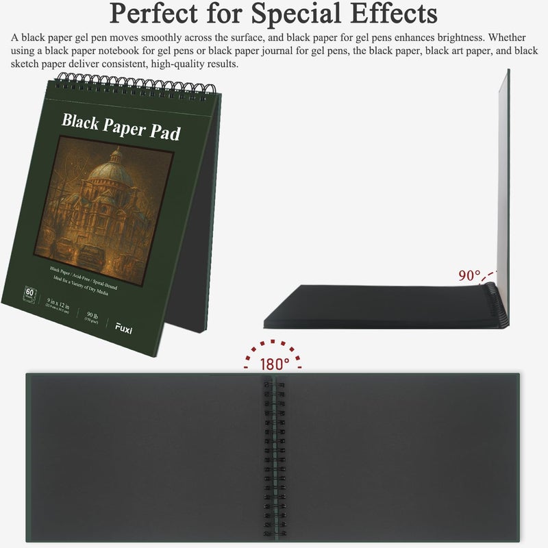 Fuxi Black Paper Sketchbook 9x12, 60 Sheetsï¼ˆ90lb/150gsmï¼‰ Hardcover Spiral Bound | Black Paper Notebook for Gel Pen, Colored Pencil, Artist Supplies for Adults, Teens & Students. - Image 4