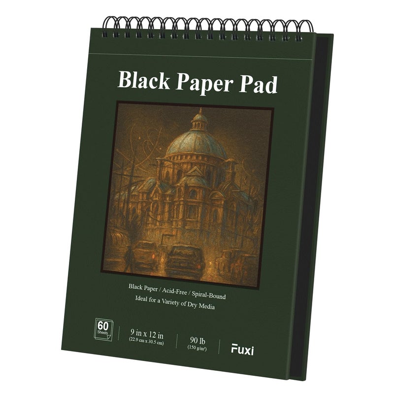 Fuxi Black Paper Sketchbook 9x12, 60 Sheetsï¼ˆ90lb/150gsmï¼‰ Hardcover Spiral Bound | Black Paper Notebook for Gel Pen, Colored Pencil, Artist Supplies for Adults, Teens & Students. - Image 1
