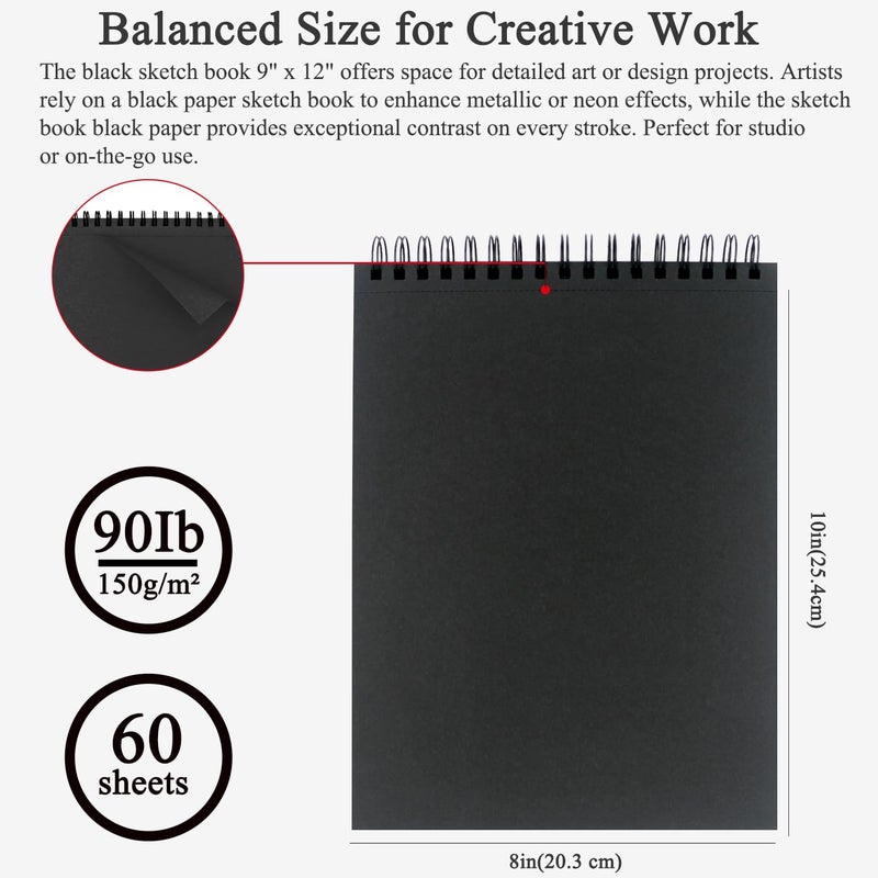 Fuxi Black Paper Sketchbook 9x12, 60 Sheetsï¼ˆ90lb/150gsmï¼‰ Hardcover Spiral Bound | Black Paper Notebook for Gel Pen, Colored Pencil, Artist Supplies for Adults, Teens & Students. - Image 2