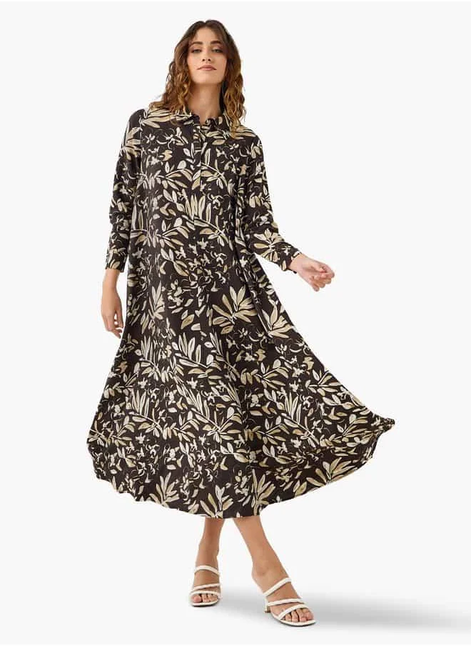 ايكونيك Iconic Floral Print Trapeze Midi Dress with Collar and Long Sleeves