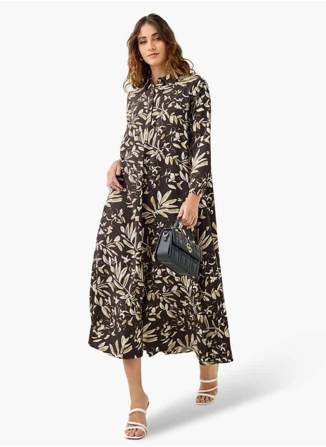 ايكونيك Iconic Floral Print Trapeze Midi Dress with Collar and Long Sleeves
