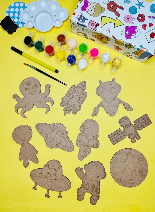 Haplap Kit DIY Magnet Paint Kit | Art & Craft for Kids | 10 Pre-Marked Wooden Cutouts | DIY Fridge Magnets | Ideal for Kids Activity (Space) - Image 1