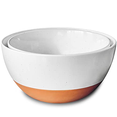 Mora Ceramic Large Mixing Bowls - Set of 2 Nesting Bowls for Cooking, Serving, Popcorn, Salad etc - Microwavable Kitchen Stoneware, Oven, Microwave and Dishwasher Safe - Extra Big 2.5 & 1.6 Qt - White - Image 1
