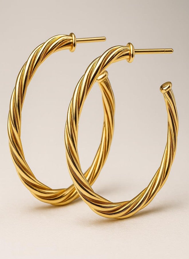 Les Bon Amis Twisted Rope Gold Hoop Earrings for Women | Anti-Tarnish Gold Plated Stainless Steel Lightweight Hoops | Everyday Wear, Party, Office & Gifting Jewelry - Golden - Image 1
