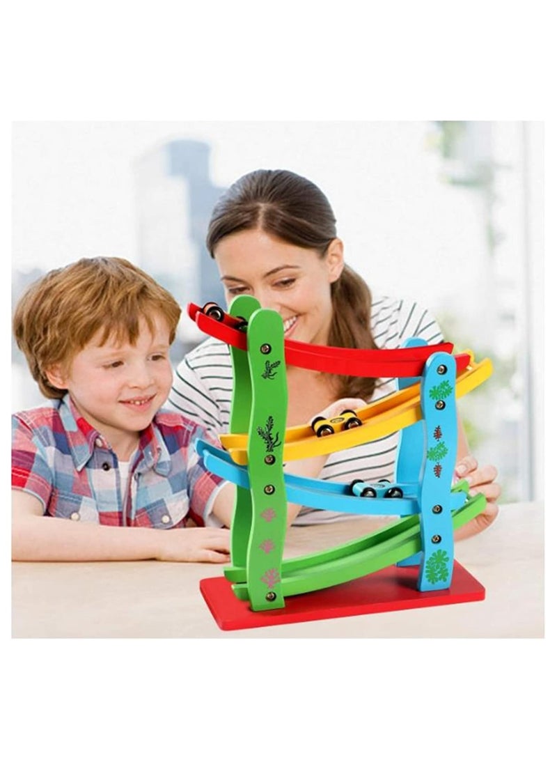 بي جي إم , لعبة سباق منحدر السيارة الخشبية، ألعاب سباق السيارات مع 4 متسابقين صغيرين، ألعاب مونتيسوري على الطاولة للأطفال الأولاد والبنات هدايا - Image 2