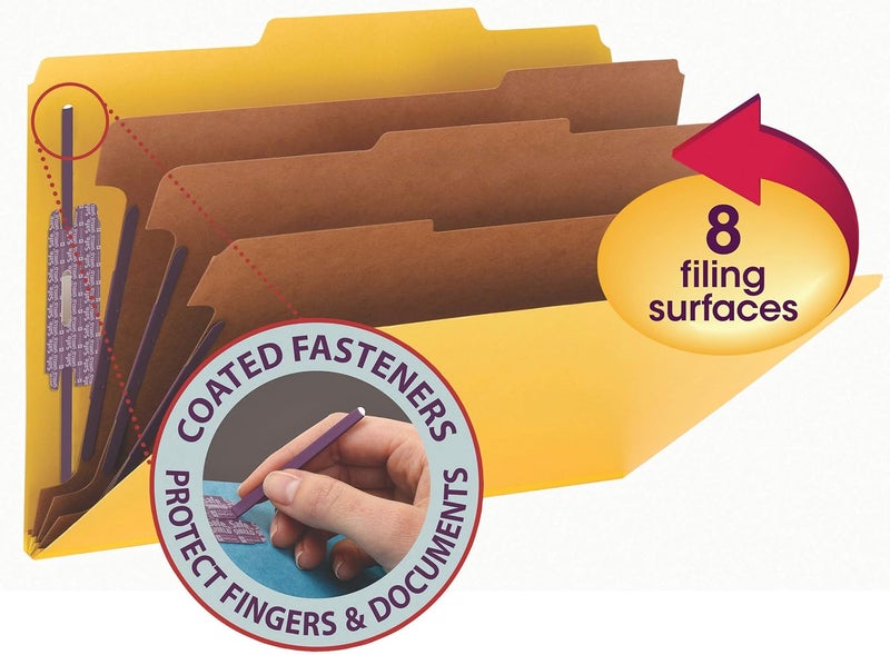 Smead Pressboard Classification File Folder with SafeSHIELD Fasteners, 3 Dividers, 3" Expansion, Legal Size, Yellow, 10 per Box - Image 2