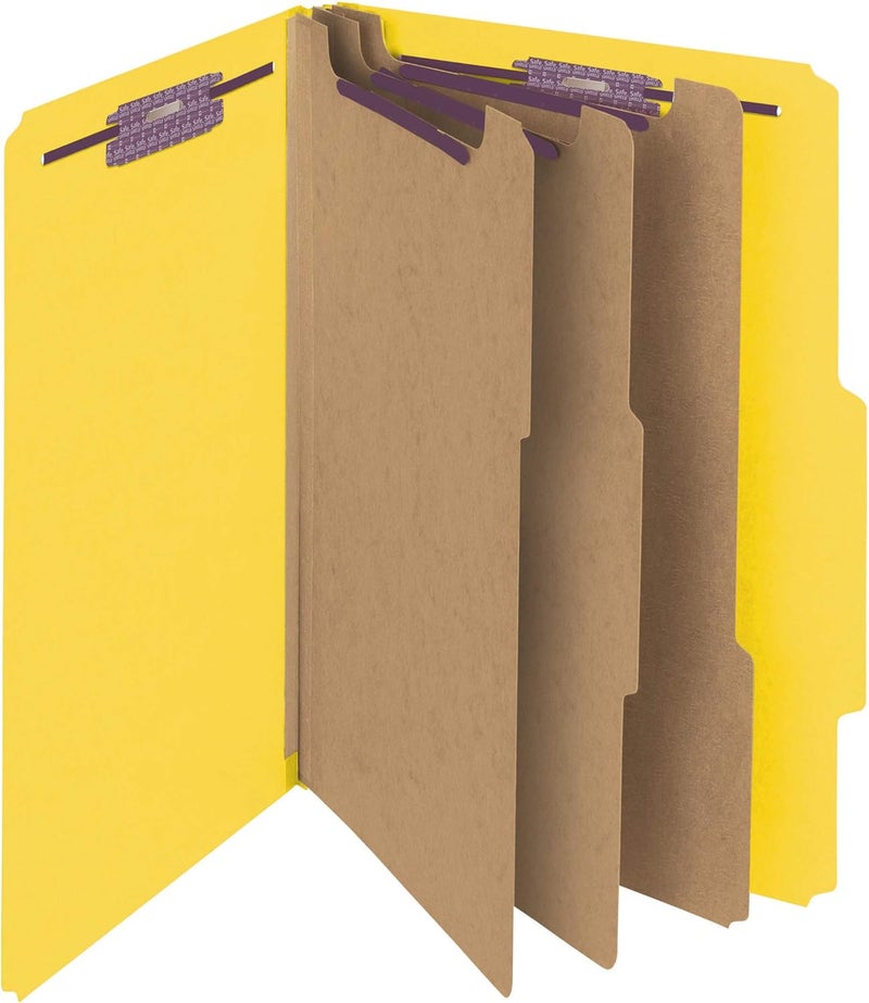 Smead Pressboard Classification File Folder with SafeSHIELD Fasteners, 3 Dividers, 3" Expansion, Legal Size, Yellow, 10 per Box - Image 1