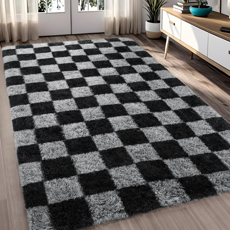 FALARK Rugs for Bedroom Living Room, 4x6 ft Black and Grey Checkered Area Rug, Fluffy Soft Washable Carpet, Modern Non-Slip Shag Carpets for Boys Girls Nursery Home Aesthetic Decor - Image 1