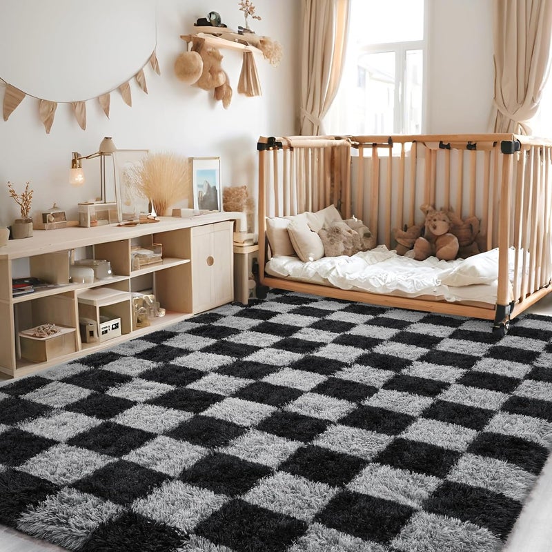 FALARK Rugs for Bedroom Living Room, 4x6 ft Black and Grey Checkered Area Rug, Fluffy Soft Washable Carpet, Modern Non-Slip Shag Carpets for Boys Girls Nursery Home Aesthetic Decor - Image 3