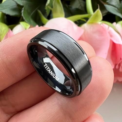 TUTISS 8mm Black Titanium Rings for Men Women Engagement Wedding Bands Matte Finish Stepped Beveled Edges Comfort Fit Size 12 - Image 2