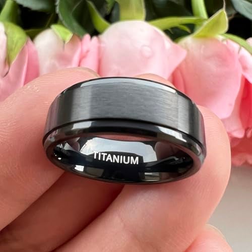 TUTISS 8mm Black Titanium Rings for Men Women Engagement Wedding Bands Matte Finish Stepped Beveled Edges Comfort Fit Size 12 - Image 3