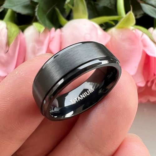 TUTISS 8mm Black Titanium Rings for Men Women Engagement Wedding Bands Matte Finish Stepped Beveled Edges Comfort Fit Size 12 - Image 4