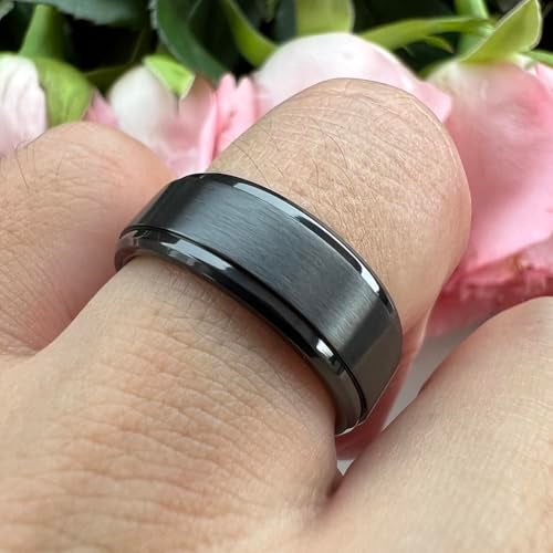 TUTISS 8mm Black Titanium Rings for Men Women Engagement Wedding Bands Matte Finish Stepped Beveled Edges Comfort Fit Size 12 - Image 5