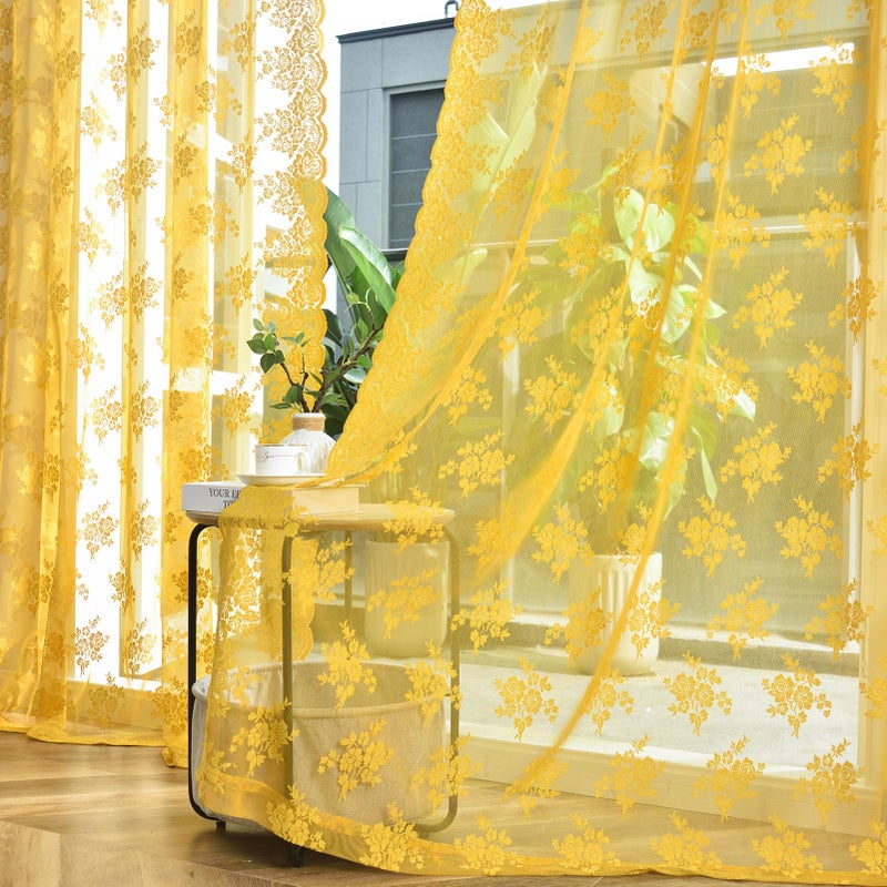 Kotile Mustard Yellow Sheer Curtains 90 Inches Long, Country Rustic Floral Retro Gold Lace Curtains for Living Room Bedroom, Rod Pocket Light Filtering Privacy Boho Window Curtain Drapes, 52 x 90 Inch - Image 1