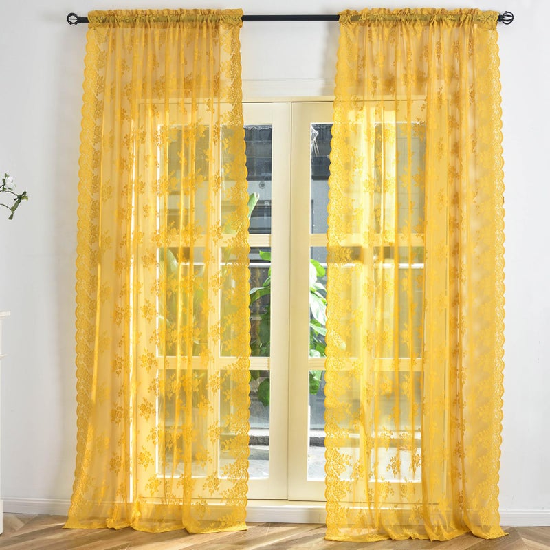 Kotile Mustard Yellow Sheer Curtains 90 Inches Long, Country Rustic Floral Retro Gold Lace Curtains for Living Room Bedroom, Rod Pocket Light Filtering Privacy Boho Window Curtain Drapes, 52 x 90 Inch - Image 2