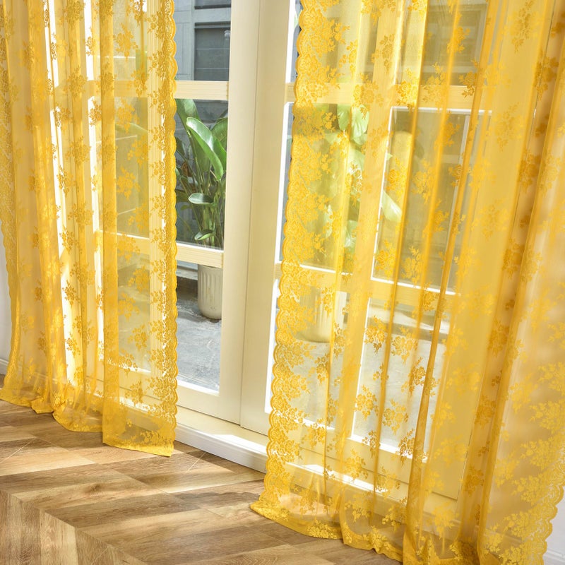 Kotile Mustard Yellow Sheer Curtains 90 Inches Long, Country Rustic Floral Retro Gold Lace Curtains for Living Room Bedroom, Rod Pocket Light Filtering Privacy Boho Window Curtain Drapes, 52 x 90 Inch - Image 5
