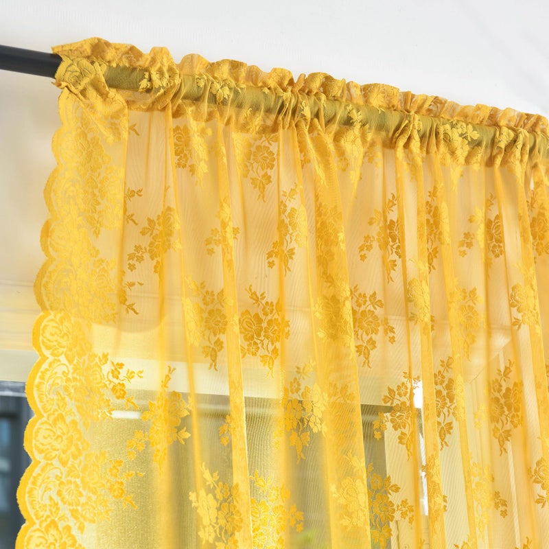 Kotile Mustard Yellow Sheer Curtains 90 Inches Long, Country Rustic Floral Retro Gold Lace Curtains for Living Room Bedroom, Rod Pocket Light Filtering Privacy Boho Window Curtain Drapes, 52 x 90 Inch - Image 4