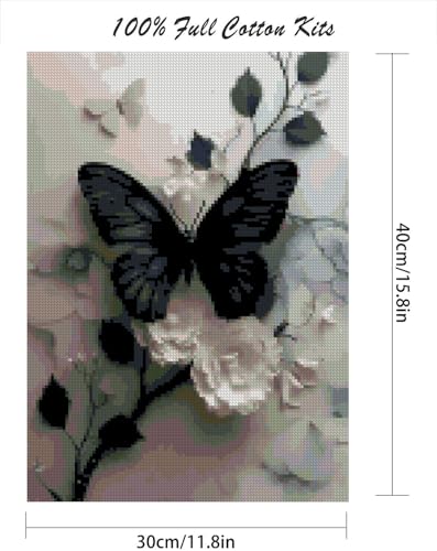 Mrnsiet Butterfly Cross Stitch Kits for Adults, Black Butterfly Stamped Cross Stitch Kits for Beginners, Needlepoint Cross-Stitch Patterns Embroidery Kits Arts and Crafts for Home Decor 12×16Inch - Image 3
