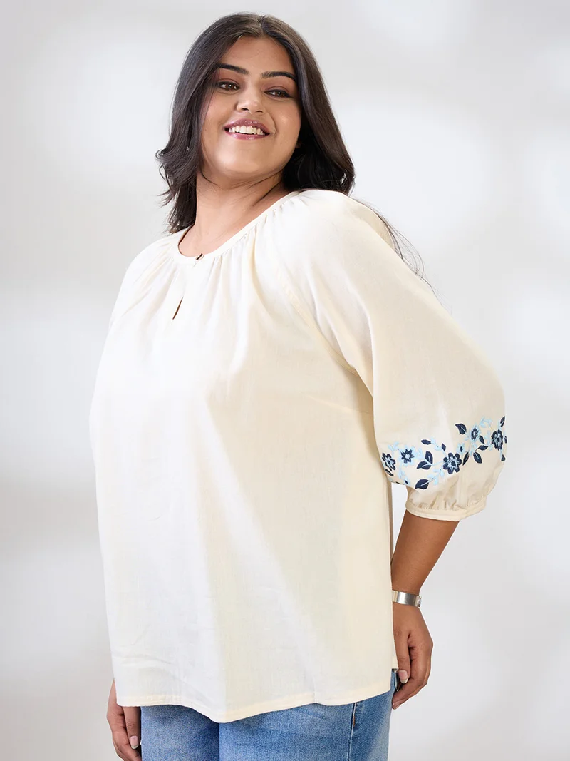 globus Gloplus Women White Round Keyhole Neck Embroidered Raglan Sleeves Plus Size Workwear Top