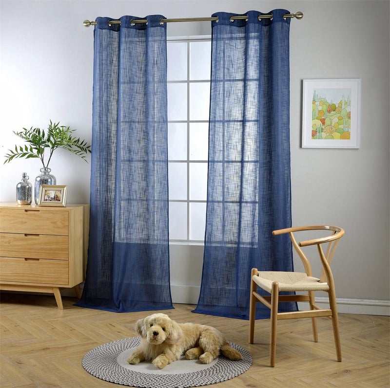 MIUCO Semi Sheer Curtains Poly Linen Textured Solid Grommet Curtains 95 Inches Long for Living Room 2 Panels (2 x 37 Wide x 95" Long) Navy Blue - Image 1