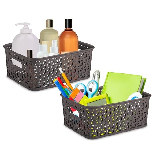 Bel Casa Royal Basket Small (Pack of 2) Multipurpose Plastic Storage Rectangular Baskets For Cosmetics Stationary Wardrobe Kitchen Washrooom & Livingroom I DARK BROWN - Image 1