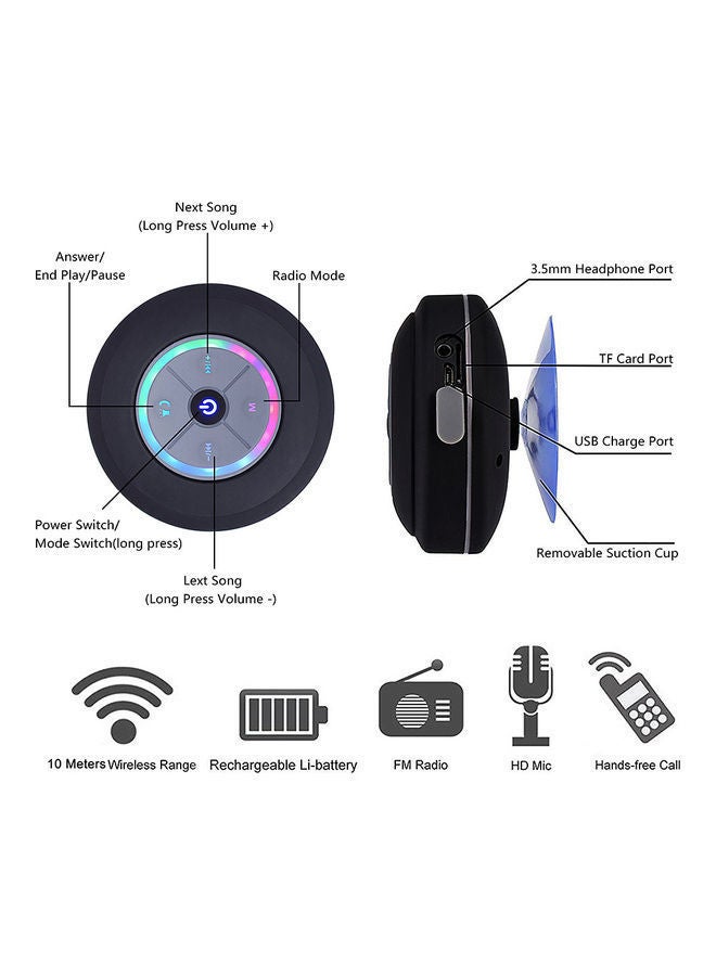 NIBEMINENT Wireless Portable Shower Speaker with LED Light Black - Image 3