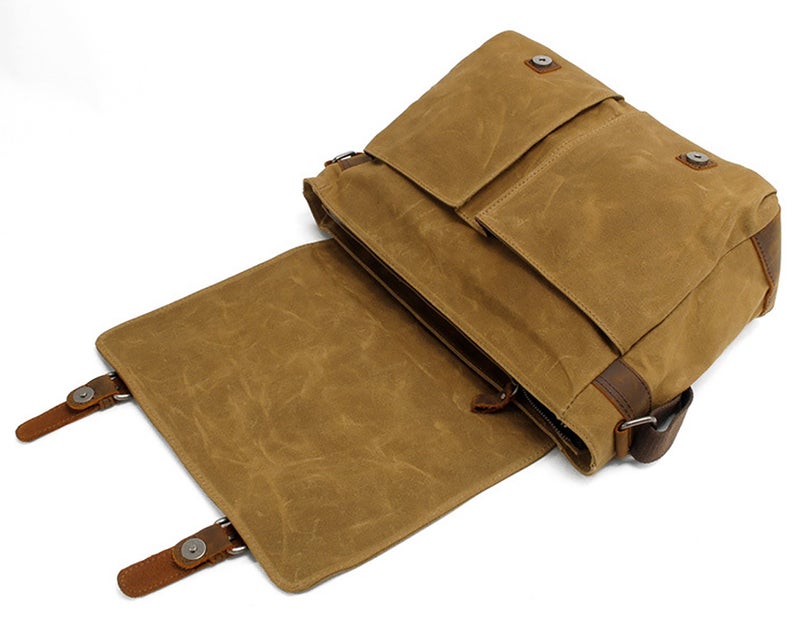 HuaChen Mens Waxed Canvas Messenger Bag Shoulder Satchel Leather Crossbody Bag for Laptop (M49_Khaki) - Image 5